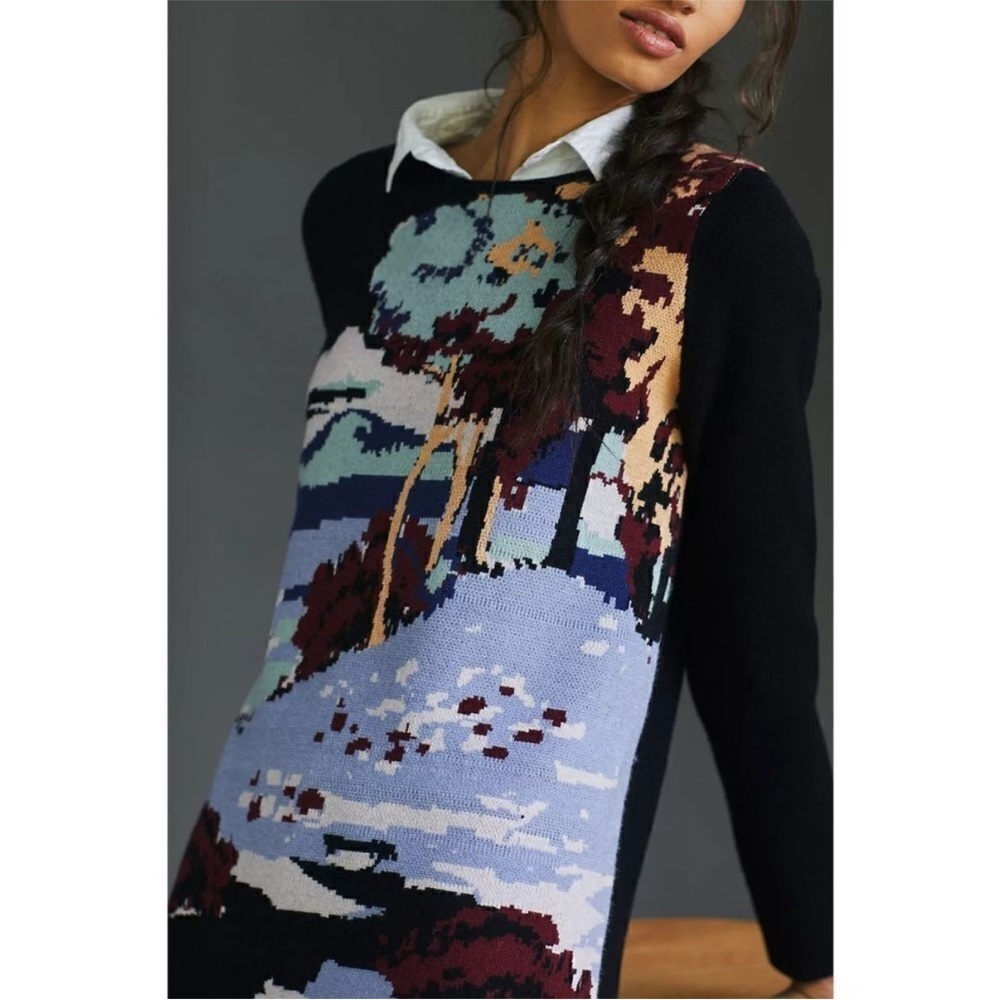 NWOT Anthropologie Maeve Scenic Black Mini Long Sleeve Sweater Knit Dress XS - Picture 4 of 13